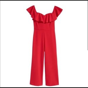 H&M red off the shoulder, ankle length jumpsuit with ruffle neckline. Size xs